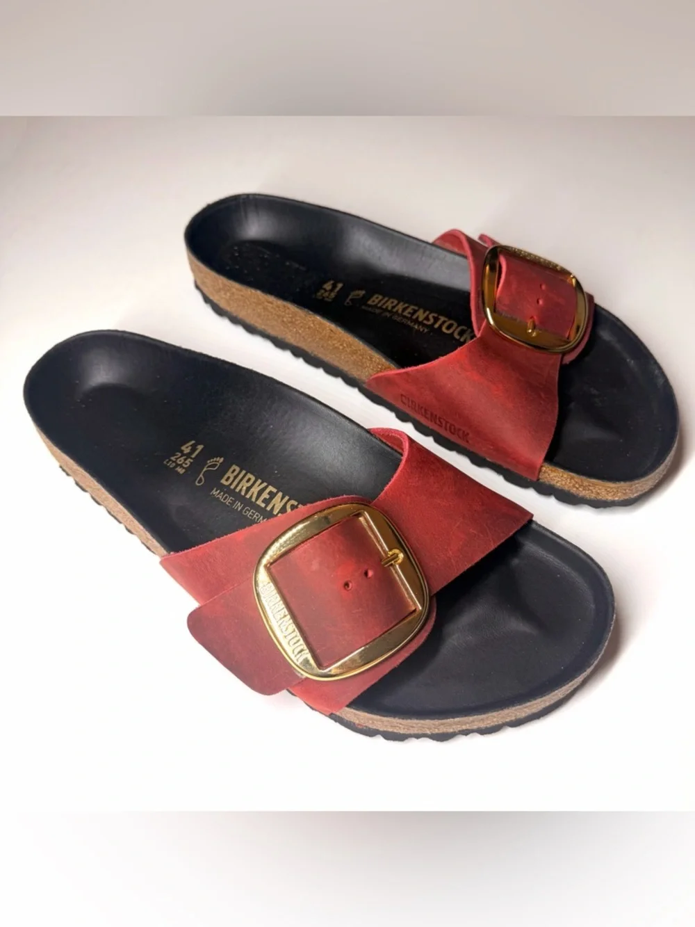 Birkenstock Madrid Red Leather Slide Sandals with Gold Buckles - Picture 4 of 9